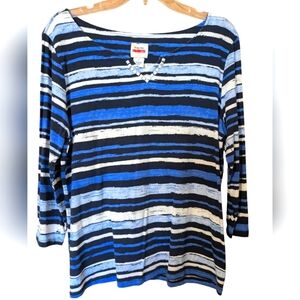 Ruby Rd blue striped casual stretchy comfortable lightweight 3/4 sleeve Top. EUC